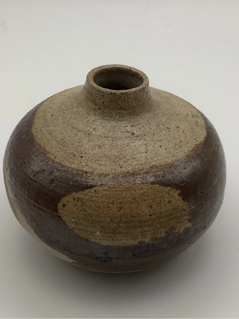 Handcrafted Stoneware Round Bud Vase in Brown and Tan